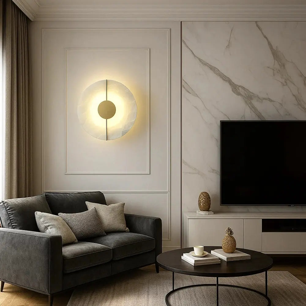 Applique disque albâtre finition or LED intégrée - chambre contemporaine