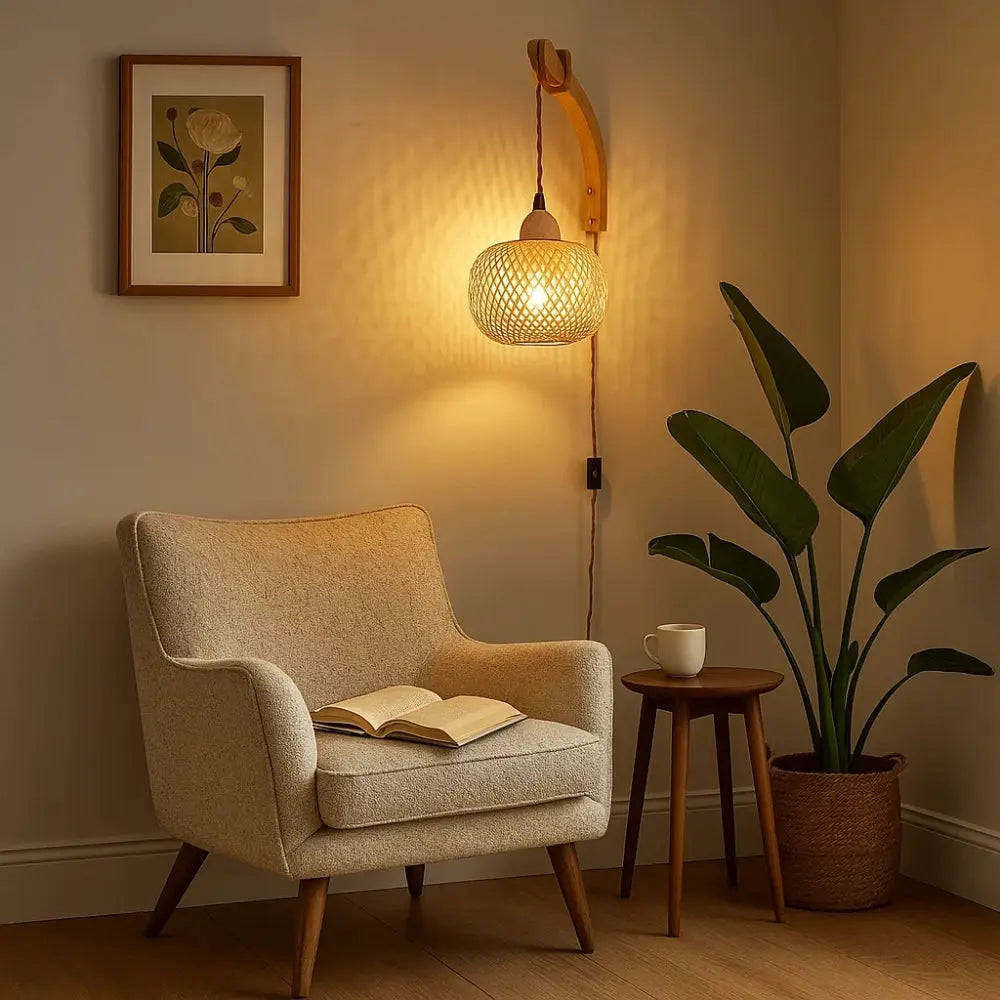 Lanterne murale bambou naturel lumière filtrée jeux d'ombres - salon