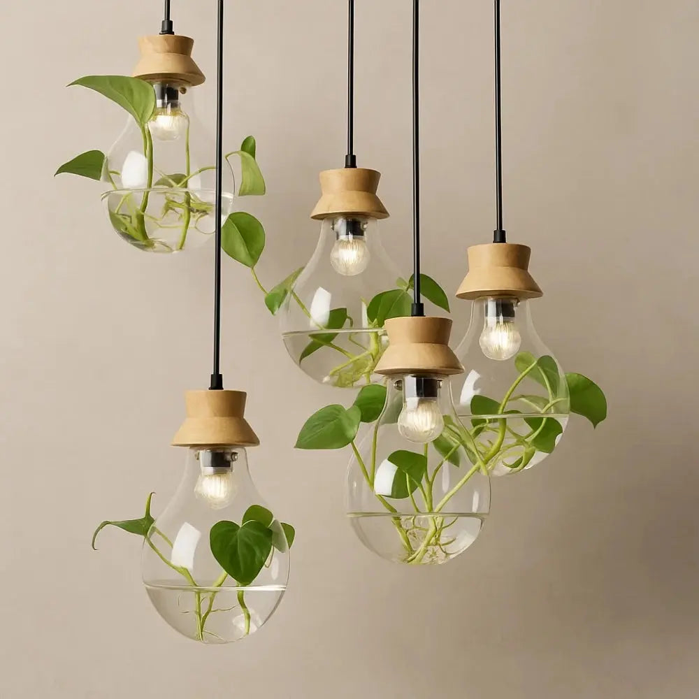 Suspension Luminaire Plante Verre Bois Métal E27 | Verdania
