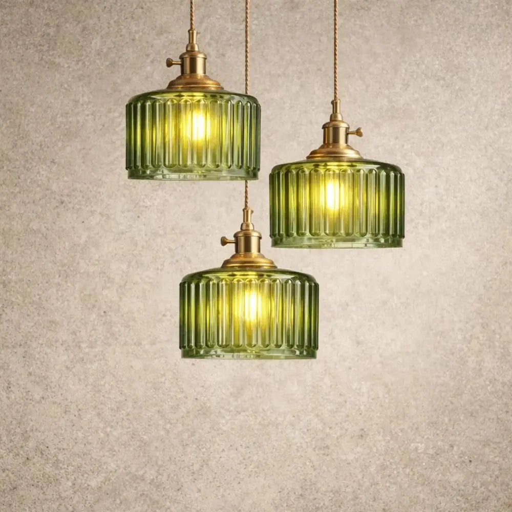 Suspension Verre Cannelé Vintage Cylindrique Dorée | Cylindre Lumineux
