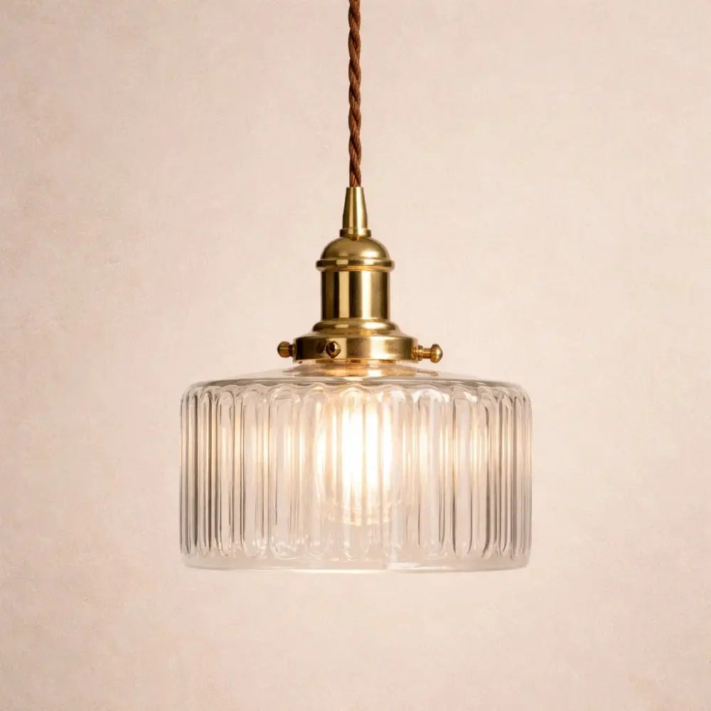 Suspension Verre Cannelé Vintage Cylindrique Dorée | Cylindre Lumineux