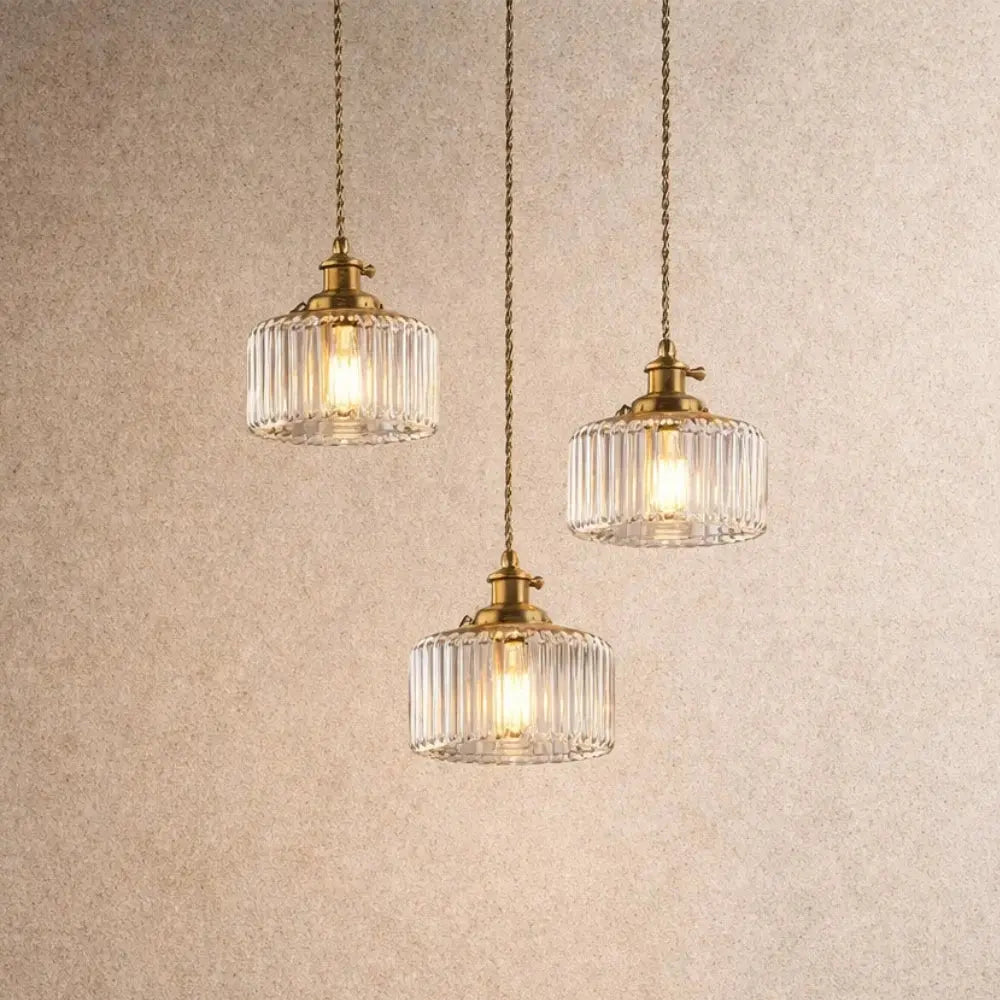 Suspension Verre Cannelé Vintage Cylindrique Dorée | Cylindre Lumineux
