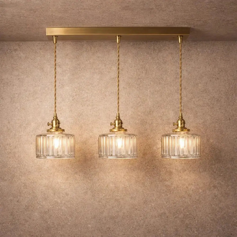 Suspension Verre Cannelé Vintage Cylindrique Dorée | Cylindre Lumineux