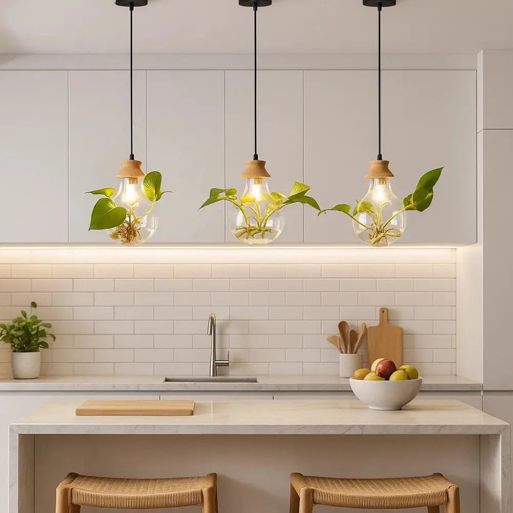 Suspension Luminaire Plante Verre Bois Métal E27 | Verdania