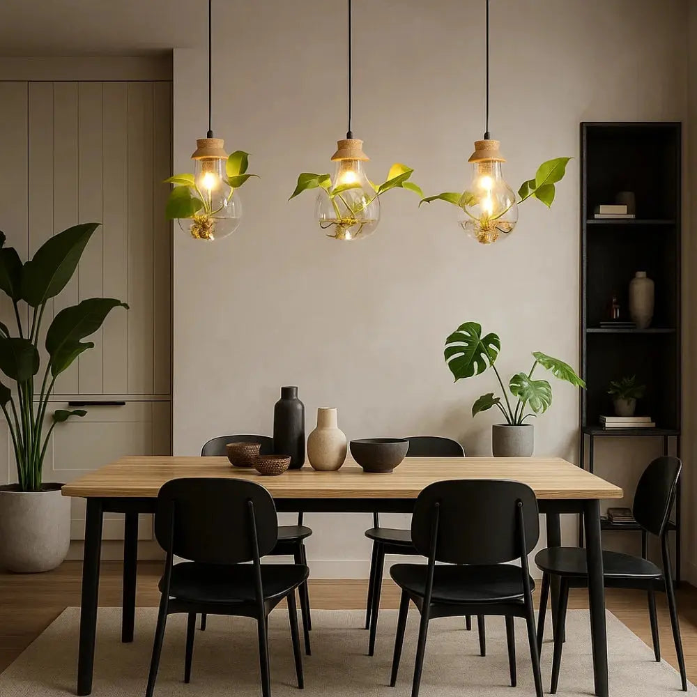 Suspension Luminaire Plante Verre Bois Métal E27 | Verdania