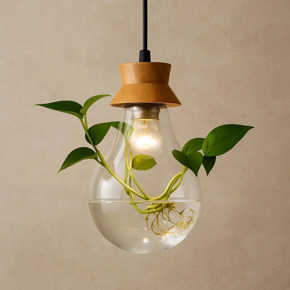 Suspension Luminaire Plante Verre Bois Métal E27 | Verdania