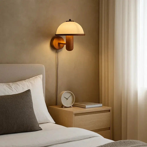Lampe murale organique bois métal diffuseur opalin - ambiance salon